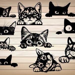May include: A digital download of ten black and white cat silhouette images. The cats are peeking over a wooden surface. The cats are in various poses, including looking directly at the viewer, looking to the side, and looking down.