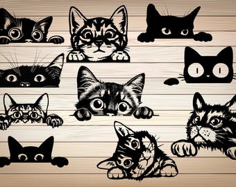 10 x Peeking Cat PNG SVG Files Peeking Kitten Silhouette vector graphic Peeking Cats Template Cute Cats 10 SVG Bundle Instant Download
