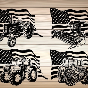 May include: Four black and white silhouette images of farm equipment, including a tractor, combine harvester, and two other tractors, each set against a black and white American flag.