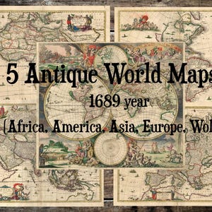 Könnte beinhalten: Fünf antike Weltkarten aus dem Jahr 1689, die Afrika, Amerika, Asien, Europa und die Welt zeigen. Die Karten sind auf Papier gedruckt und haben einen Vintage-Look.