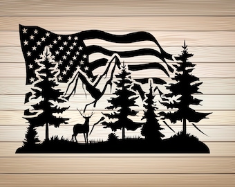 USA Flagge SVG PNG-Datei Hirsch jagen svg Hirsch Waldfahne svg Berg svg Naturszene svg Shirt Design Cut File für Shirt Cricut Silhouette