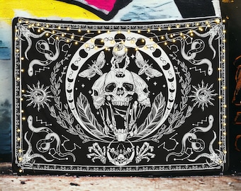 Wiccan Tapestry Witchcraft Altar Cloth Skull Black And White Moth Skeleton Perfect For Various Uses