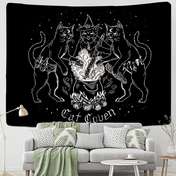 Witchy Black Cat Tapestry - Gothic Altar Cloth for Coven or Wall Hanging Wiccan Witch Themed Backdrop