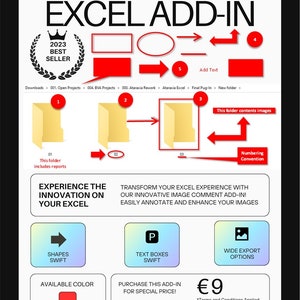 May include: A colorful graphic showing the features of a Microsoft Excel add-in called Picnotes Pro. The add-in allows users to add comments and annotations to images within Excel spreadsheets. The add-in is available for purchase for €9. The add-in features include shapes, text boxes, wide export options, and available color.