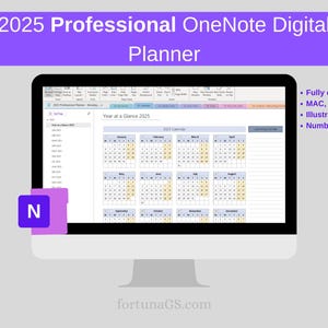 May include: A computer screen displaying a 2025 OneNote digital planner with a year at a glance calendar. The planner is fully editable and includes illustrations. The text "Year at a Glance 2025" is visible on the screen.