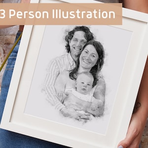 May include: A black and white pencil sketch illustration of a family of three. The parents are holding a baby in their arms. The illustration is framed in a white frame.