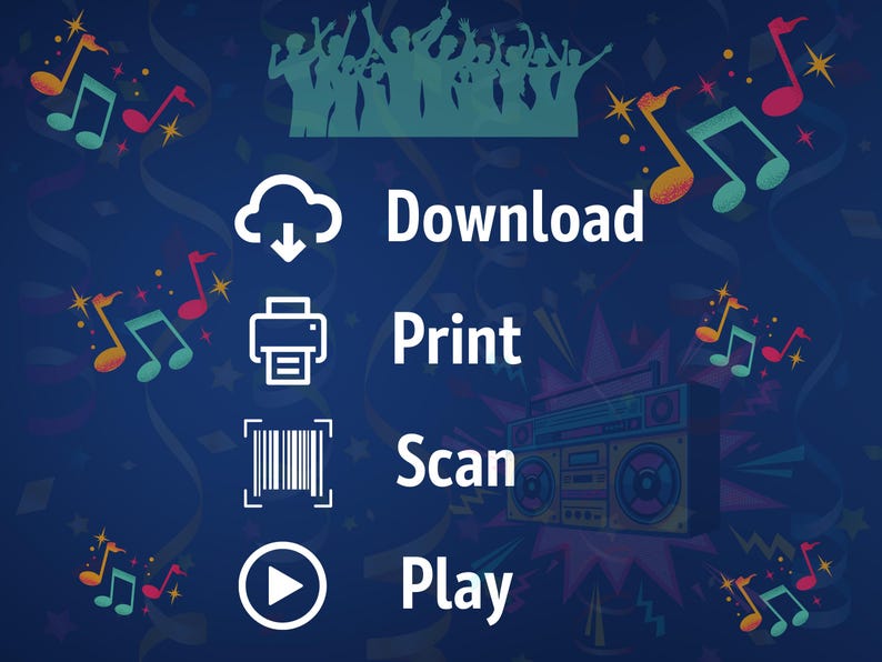 May include: A blue background with colorful musical notes and a party scene at the top.  Four white icons with text below each icon: Download, Print, Scan, Play.  A retro boombox is in the lower right corner.
