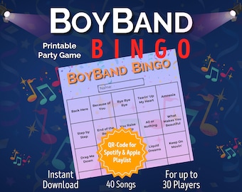 Bingo z zespołem Boy Band | Bingo muzyczne dla 2 - 30 graczy | Gra w bingo dla pań | Bingo urodzinowe do druku | Pobierz PDF natychmiast | Motyw imprezy bingo