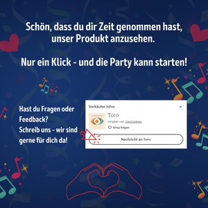 Dankes-Seite für Italo Schlager & Pop Bingo mit Hinweis auf Kontaktmöglichkeiten im Etsy-Shop Visions4two. Käufer können Fragen oder Feedback direkt stellen. Digitales Partyspiel mit 16 Bingo-Karten, Anleitung, Playlist und Urkunde. Perfekt für Geburtstage, Familienfeiern, JGA oder jede Party mit italienischer Musik.