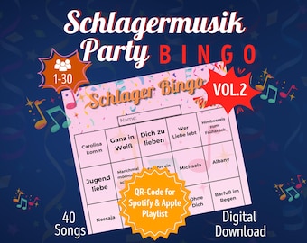 Szlager Music Party Bingo Vol. 2 | Zabawna gra alkoholowa na urodziny i wieczory panieńskie | Gra w formacie PDF do pobrania i wydrukowania | 30 osób