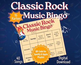 Klasyczne rockowe bingo | Gry urodzinowe dla gości | Gra na wieczór kawalerski/panieński dla dorosłych | Bingo muzyczne do pobrania | Gra alkoholowa | 16 graczy