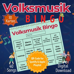 Op de afbeelding: Een blauwe en groene bingokaart met de titel "Volksmusik Bingo" en een QR-code voor Spotify- en Apple-afspeellijsten. De kaart heeft 25 vakjes met Duitse woorden en zinnen die te maken hebben met volksmuziek. De kaart is omringd door muzieknoten en een rode ster met de tekst "30 Karten".