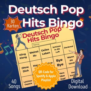 Vorschaubild für das Deutsch Pop Hits Bingo – Musikspiel mit 30 Bingo-Karten zum Ausdrucken, ideal für Geburtstag, JGA und Partyspiele für Erwachsene. Zeigt das Bingofeld mit deutschen Pop-Hits wie „Bye Bye“, „Geiles Leben“, „Ohne Dich“ u. v. m. Inklusive QR-Code für Spotify und Apple Music Playlist. Digitales Partyspiel als PDF-Download, perfekt für Spielabende, Karaoke-Partys und Musikquiz-Runden.