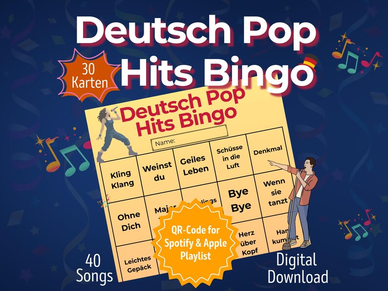 Vorschaubild für das Deutsch Pop Hits Bingo – Musikspiel mit 30 Bingo-Karten zum Ausdrucken, ideal für Geburtstag, JGA und Partyspiele für Erwachsene. Zeigt das Bingofeld mit deutschen Pop-Hits wie „Bye Bye“, „Geiles Leben“, „Ohne Dich“ u. v. m. Inklusive QR-Code für Spotify und Apple Music Playlist. Digitales Partyspiel als PDF-Download, perfekt für Spielabende, Karaoke-Partys und Musikquiz-Runden.