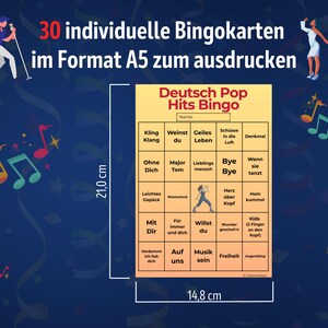 Deutsch Pop Hits Bingo mit 30 individuellen Bingokarten im A5-Format (14,8 x 21 cm) zum Ausdrucken. Zeigt eine Bingo-Karte mit deutschen Popliedern wie „Westerland“, „Lieblingsmensch“ und „Musik sein“. Perfekt als Musikspiel für Partys, Geburtstage und JGAs. Für Erwachsene, Karaoke-Abende und Spielrunden mit Spotify- oder Apple-Music-Playlist. PDF-Download mit farbiger und tintensparender Version.