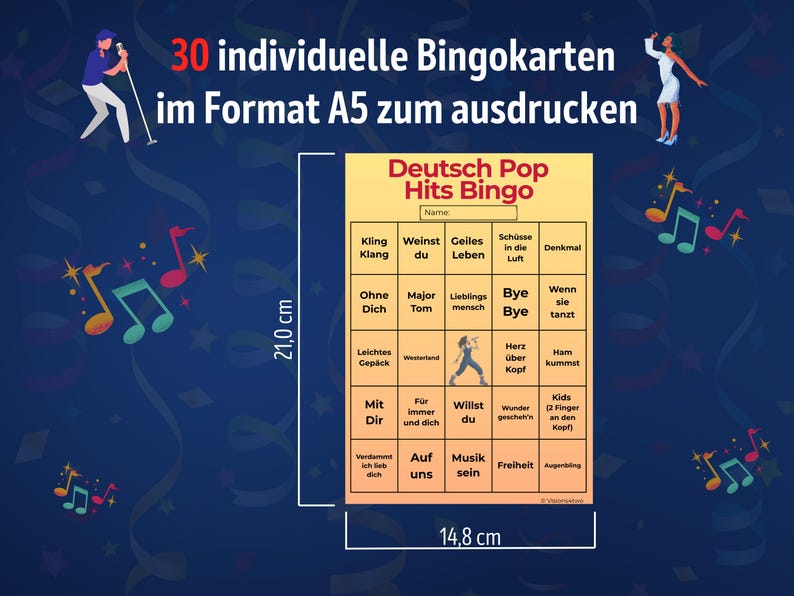 Deutsch Pop Hits Bingo mit 30 individuellen Bingokarten im A5-Format (14,8 x 21 cm) zum Ausdrucken. Zeigt eine Bingo-Karte mit deutschen Popliedern wie „Westerland“, „Lieblingsmensch“ und „Musik sein“. Perfekt als Musikspiel für Partys, Geburtstage und JGAs. Für Erwachsene, Karaoke-Abende und Spielrunden mit Spotify- oder Apple-Music-Playlist. PDF-Download mit farbiger und tintensparender Version.