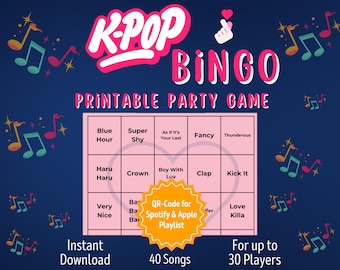 Gra K-Pop Bingo | Gra muzyczna do druku | Zabawa dla nastolatków, na piżama party i dla fanów K-Popu | Impreza karaoke K-Pop | Pobierz plik PDF natychmiast | 30 kart