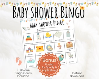 Bingo na Baby Shower do druku – Gry na Baby Shower dla gości | 16 wyjątkowych kart i bonusowa playlista – do pobrania natychmiast | Upominki na Baby Shower
