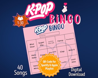 K-Pop Bingo 1-30 osób | Gra towarzyska K-Pop Fan Bingo | K-popowe must have | Muzyczna gra Bingo | Gry do druku PDF | Gry KPopowe