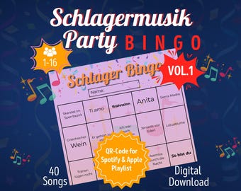 Schlager Music Party Bingo Vol.1 | Fun Drinking & Music Game for Birthday Bachelorette Party | PDF Download and Print | Spotify | 30 Players