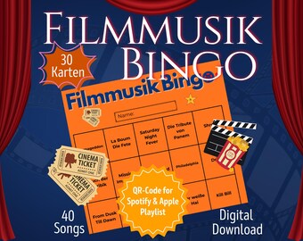 Bingo z muzyką filmową | Gry urodzinowe dla gości | Gra na wieczór kawalerski/panieński dla dorosłych | Bingo muzyczne do pobrania | Gra alkoholowa | 30 graczy