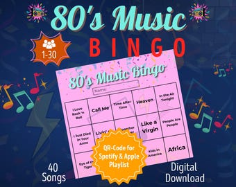 80s Music Bingo 1-30 People | Party Game for Adults Bingo | Birthday Party Games | Bachelorette Party for Women | Printable Party Game