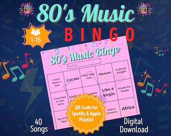 Bingo z muzyką lat 80. dla 1-16 graczy | Gra towarzyska dla dorosłych | Gry na przyjęcie urodzinowe | Wieczór panieński | Wersja do druku