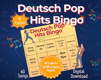 Niemieckie hity popowe Bingo – gra karaoke na imprezę | Quiz muzyczny z niemieckimi piosenkami imprezowymi | Zabawna gra na wieczory kawalerskie i urodziny | 16 kart bingo