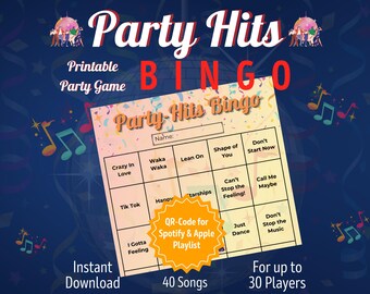 Party Hits Bingo | Gra w bingo do druku | Zabawna gra imprezowa dla dorosłych, na urodziny i wieczory panieńskie | Pobierz PDF natychmiast | 30 kart bingo w formacie PDF