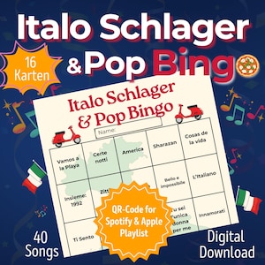 Italo Schlager & Pop Bingo als digitales Partyspiel zum Herunterladen. Titelbild mit Bingo-Karte, Vespa-Grafik, Musiknoten und Hinweis auf QR-Codes für Spotify & Apple Music. Enthält 40 bekannte italienische Schlager- und Pop-Hits sowie 16 Bingo-Karten zum Ausdrucken. Perfekt für Geburtstage, JGA, Familienfeiern oder als lustiges Trinkspiel.