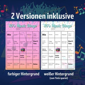 May include: Two versions of a printable 80's music bingo card. The card has a pink background with a white grid and black text. The card features popular 80's songs like "Rio", "Take On Me", "Don't You Want Me", "Kids in America", "Faith", "Radio Ga Ga", "Tainted Love", "Don't Stop Believin'", "Africa", and "Relax".