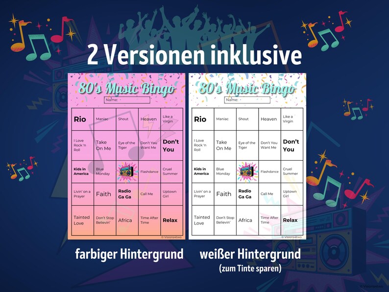 May include: Two versions of a printable 80's music bingo card. The card has a pink background with a white grid and black text. The card features popular 80's songs like "Rio", "Take On Me", "Don't You Want Me", "Kids in America", "Faith", "Radio Ga Ga", "Tainted Love", "Don't Stop Believin'", "Africa", and "Relax".