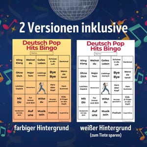 Zwei Versionen vom Deutsch Pop Hits Bingo – einmal mit farbigem Hintergrund, einmal in Schwarz-Weiß zum Tinte sparen. Zeigt zwei Bingo-Karten mit deutschen Pop-Hits wie „Lieblingsmensch“, „Bye Bye“, „Musik sein“ und „Freiheit“. Musikspiel für Erwachsene, ideal für Party, Geburtstag, JGA oder Spieleabend. Perfekt als druckbares PDF-Downloadspiel mit Spotify- und Apple-Music-Playlist.