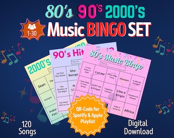 Zestaw do bingo muzycznego z lat 80., 90. i 2000. | 1-30 graczy | Gry urodzinowe dla gości | Gra imprezowa dla dorosłych | Bingo muzyczne do pobrania