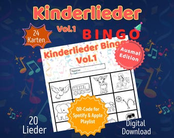 Kids Song Bingo with 24 Coloring Pages | Printable Birthday Game | Preschool and Daycare Activity | Fun Learning and Music Game