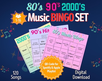 Zestaw do bingo muzycznego z lat 80., 90. i 2000. | 1-16 graczy | Gry urodzinowe dla gości | Gra imprezowa dla dorosłych | Bingo muzyczne do pobrania