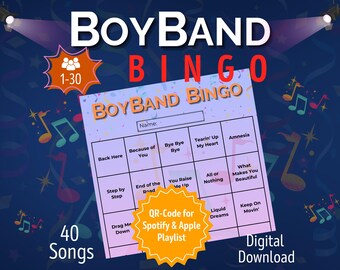Bingo Pop z lat 90. (edycja Boyband) | Gra towarzyska na wieczory panieńskie i urodziny | Pomysły na wieczór panieński | Wieczór panieński | Pobieranie cyfrowe