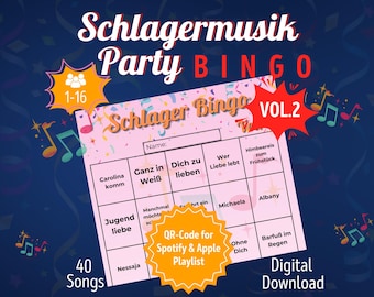 Schlager Music Party Bingo Vol. 2 | Zabawna gra alkoholowa na urodziny, wieczory panieńskie i wesela | Gra w formacie PDF do pobrania i wydrukowania | 16 osób