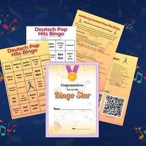 Inhalt des Deutsch Pop Hits Bingo als Übersicht: Zwei farbige Bingo-Karten, eine Anleitung mit Spielregeln, eine vollständige Songliste sowie QR-Codes für Spotify und Apple Music. In der Mitte: die Bingo Star Urkunde zum Ausdrucken. Digitales Musikspiel für Erwachsene mit 40 deutschen Pop-Hits zum Mitsingen – ideal für Geburtstage, JGA, Karaoke-Abende oder Spiele mit Freunden. Sofort downloadbar als PDF.