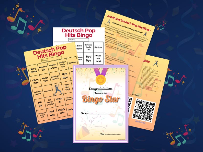 Inhalt des Deutsch Pop Hits Bingo als Übersicht: Zwei farbige Bingo-Karten, eine Anleitung mit Spielregeln, eine vollständige Songliste sowie QR-Codes für Spotify und Apple Music. In der Mitte: die Bingo Star Urkunde zum Ausdrucken. Digitales Musikspiel für Erwachsene mit 40 deutschen Pop-Hits zum Mitsingen – ideal für Geburtstage, JGA, Karaoke-Abende oder Spiele mit Freunden. Sofort downloadbar als PDF.