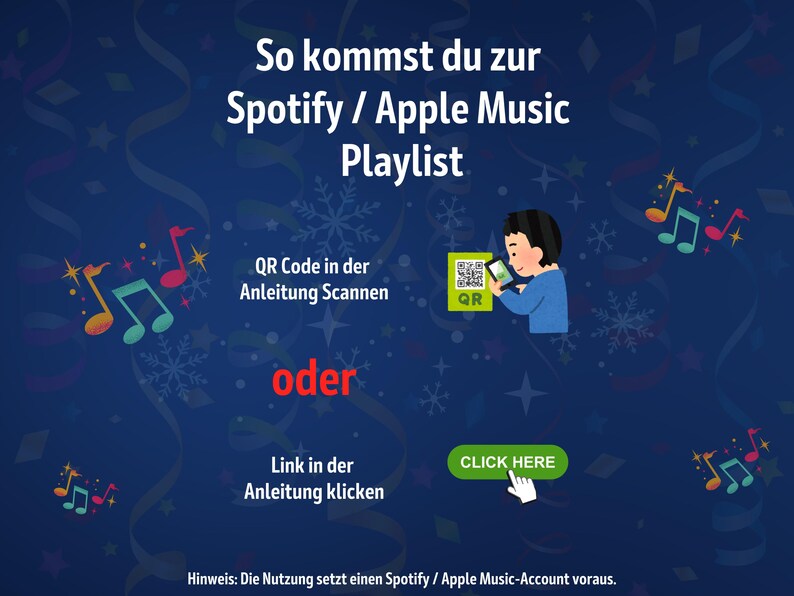 Hinweisbild zur Nutzung der Playlist im Deutsch Pop Hits Bingo. Zeigt, wie man über einen QR-Code oder einen Link in der Anleitung zur Spotify- oder Apple-Music-Playlist gelangt. Einfacher Zugriff auf die 40 deutschen Pop-Hits für das Musik-Bingo-Spiel. Erfordert ein aktives Spotify- oder Apple-Music-Konto. Perfekt für digitale Partyspiele, Mitsing-Abende und Spiele mit Musik für Erwachsene.