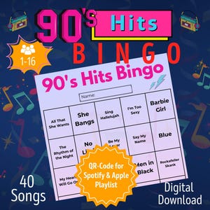 90&#39;s Hits Bingo 1-16 People | Party Games for Adults Bingo | Music Bingo German | Bachelorette Party Women | Printable Games PDF