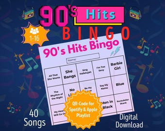 Bingo de éxitos de los 90 1-16 personas | Juegos de fiesta bingo para adultos | Bingo musical alemán | Mujer despedida de soltero | Juegos para imprimir PDF