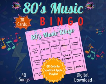 80s Music Bingo | Printable Party Game | Birthday Party | Bachelorette Party | Fun Adult Bingo Game | 30 Cards | Instant Download