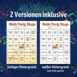 May include: Two Malle Party Bingo game cards featuring a grid of song titles. One card has a light yellow background and the other has a white background. Both cards include a central image of a tropical drink and the text 2 Versionen inklusive.