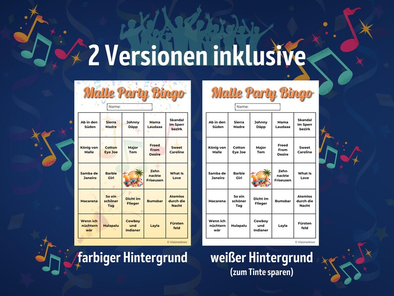 May include: Two Malle Party Bingo game cards featuring a grid of song titles. One card has a light yellow background and the other has a white background. Both cards include a central image of a tropical drink and the text 2 Versionen inklusive.