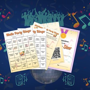 May include: A set of Malle Party Bingo game cards and a Congratulations certificate featuring a gold medal icon and a QR code. The cards contain a grid with song titles and a cocktail illustration, set against a dark blue background with musical notes.
