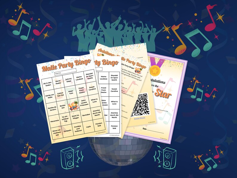 May include: A set of Malle Party Bingo game cards and a Congratulations certificate featuring a gold medal icon and a QR code. The cards contain a grid with song titles and a cocktail illustration, set against a dark blue background with musical notes.