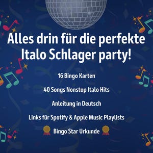 Alles inklusive für die perfekte Party mit Italo Schlager & Pop Bingo: 16 Bingo-Karten, Playlist mit 40 italienischen Hits, Anleitung, QR-Codes für Spotify & Apple Music sowie eine Bingo-Star-Urkunde. Digitaler Sofort-Download, sofort spielbar, perfekt für Geburtstage, Familienfeste, JGA oder gesellige Abende mit Freunden und Musik.