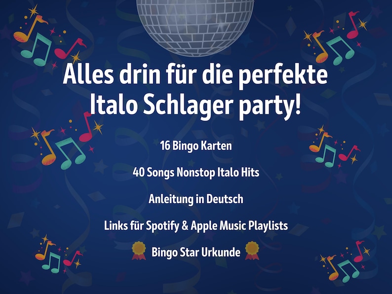 Alles inklusive für die perfekte Party mit Italo Schlager & Pop Bingo: 16 Bingo-Karten, Playlist mit 40 italienischen Hits, Anleitung, QR-Codes für Spotify & Apple Music sowie eine Bingo-Star-Urkunde. Digitaler Sofort-Download, sofort spielbar, perfekt für Geburtstage, Familienfeste, JGA oder gesellige Abende mit Freunden und Musik.